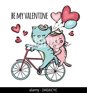 GATTI CAVALCANDO A SAN VALENTINO in bicicletta Pussycat abbraccia il suo amante e tenere Balloons Cartoon animali disegnati a mano clip Art Vector Illustration for Print Illustrazione Vettoriale