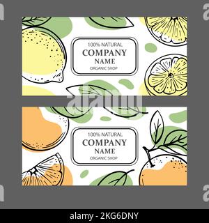 ETICHETTE AGRUMI Limone e Arancio Design di adesivi per Shop di prodotti naturali biologici e Dessert bevande prodotti in stile schizzo Vector Illustration Illustrazione Vettoriale