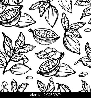 CACAO MONOCROMO Fruit Bean e foglie con rami di Theobroma Tree Monochrome Design disegno disegnato a mano disegno senza cuciture modello Vector Illustration for Pr Illustrazione Vettoriale