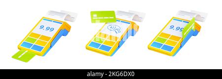 3d terminale pos di rendering, assegno cartaceo e scheda di plastica. Concetto di pagamento contactless con dispositivo elettronico per transazioni di denaro nfc wireless, illustrazione in stile cartoon plastico Foto Stock