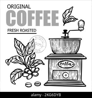 COFFEE MILL E COFFEE BRANCH Design di adesivi ed etichette per Shop di Dessert drink prodotti in stile Vintage disegnati a mano Vector Illustration Set for Illustrazione Vettoriale