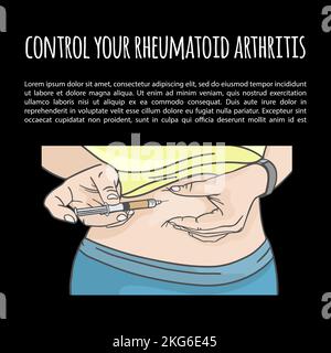 CONTROLLO ARTRITE REUMATOIDE iniezione ipodermica nello stomaco malattia umana medica Vector Illustration Set Illustrazione Vettoriale