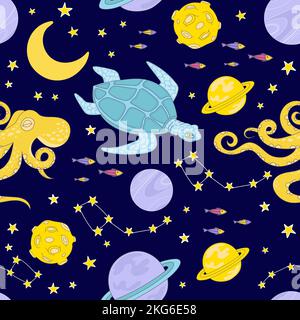 COSTELLAZIONE spazio animale Cartoon pianeta Cosmo universo Galattico viaggio viaggio senza cuciture modello Vector Illustration for Print Illustrazione Vettoriale