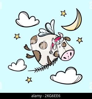 MUCCA CON RAMO DI ALBERO DI NATALE Fly in the Sky buon Natale Cartoon Inverno vacanza carino animale mano disegnata clip Art Vector Illustration Set for Print Illustrazione Vettoriale