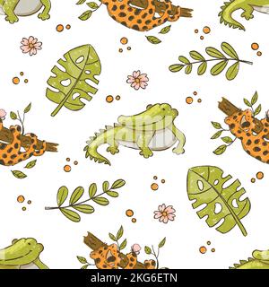 COCCODRILLO E LEOPARDO Cartoon Animali africani tropicali disegnati a mano Grunge stile senza cuciture modello Vector Illustration for Print Illustrazione Vettoriale