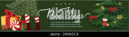 Vacanze invernali, modello banner Web per la celebrazione di eventi aziendali. I personaggi più piccoli celebrano il nuovo anno con il grande 2023 Illustrazione Vettoriale