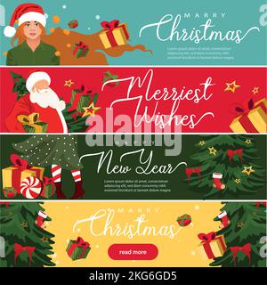 Vacanze invernali, modello banner Web per la celebrazione di eventi aziendali. I personaggi più piccoli celebrano il nuovo anno con il grande 2023 Illustrazione Vettoriale