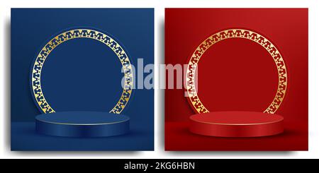 Podio rotondo rosso e blu per la promozione di vendita on-line di Capodanno cinese in stile taglio di carta Illustrazione Vettoriale