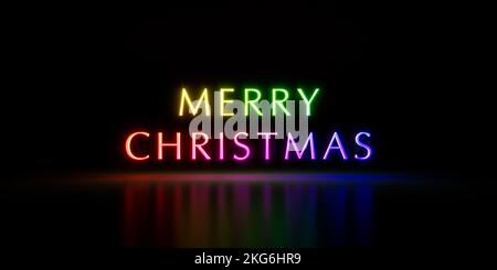 Buon testo di Natale in colori arcobaleno isolato su sfondo nero. illustrazione 3d, rendering 3d Foto Stock