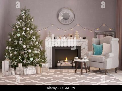 Albero di Capodanno in interni in stile scandinavo con decorazioni natalizie e caminetto. Rendering 3D Foto Stock