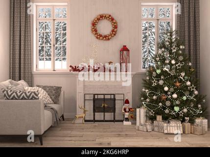 Albero di Capodanno in interni in stile scandinavo con decorazioni natalizie con regali e caminetto. Interni di Capodanno. Rendering 3D Foto Stock