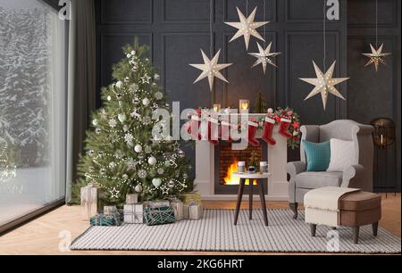 Albero di Capodanno in interni in stile classico con decorazione natalizia con regali e camino. Rendering 3D Foto Stock