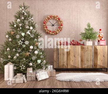 Illustrazione. Interno caldo e accogliente di Capodanno con un albero di Natale decorato con regali, un cervo, un orologio da parete, una pelle di pecora sul pavimento. rendering 3d. Foto Stock