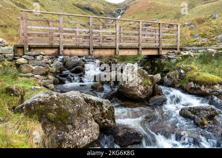 Passerella in legno sul fiume Red Tarn Beck, un ruscello di montagna sotto Helvellyn, Glenridding, English Lake District, Cumbria, UK Foto Stock