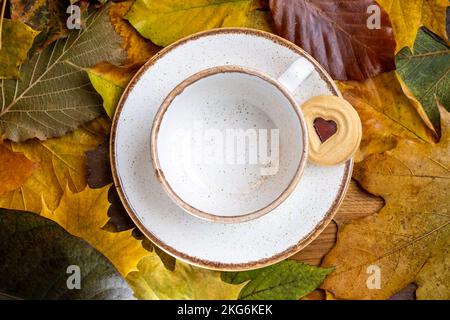 tazza di proselen vuota con foglie vere e un biscotto a forma di cuore. caffè e tè serviti. Concetti e colori autunnali. Presentazioni di San Valentino, drink Foto Stock