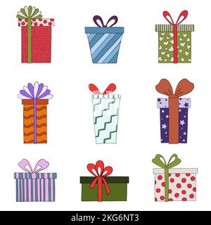 un set di scatole regalo con archi di forme e modelli diversi. illustrazione vettoriale di un doodle. Illustrazione Vettoriale