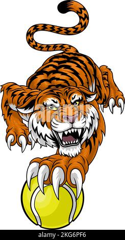 Tiger Tennis Ball Animal Sports Team Mascot Illustrazione Vettoriale