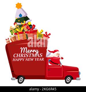 Babbo Natale guida una vecchia auto retrò, camion Illustrazione Vettoriale