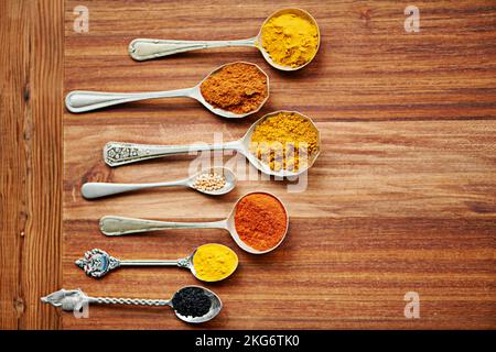 La combinazione perfetta per un ottimo curry. cucchiai ripieni di una varietà di spezie. Foto Stock