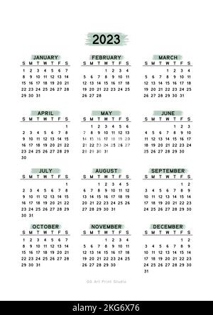 2023 anno di calendario semplice illustrazione. Calendario annuale 2023 modello stampabile con il concetto di colore verde tenue. Foto Stock