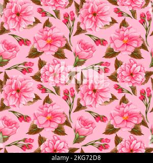 Fiore di ciliegio acquerello, fiori rosa e foglie marroni. Motivo a ripetizione floreale. Disegno a mano senza cuciture del ramo sakura fiorente Foto Stock