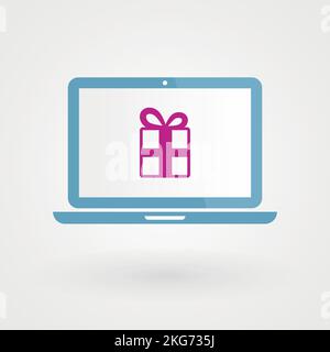 Laptop e presente. Concetto di regalo. Illustrazione vettoriale, design piatto Illustrazione Vettoriale