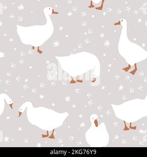 L'oca e i loro piedi si cingono sulla neve carino modello senza cuciture. Inverno sfondo Natale. Fiocchi di neve e oche su sfondo baige Illustrazione Vettoriale