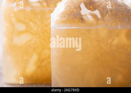 Sapone con spugna di loofah all'interno. Saponi di glicerina con scrub naturale. Foto Stock