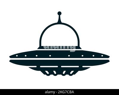Icona o logo di UFO astronave o disco volante con pozzetto vuoto per il tuo testo - illustrazione vettoriale isolato su bianco Illustrazione Vettoriale