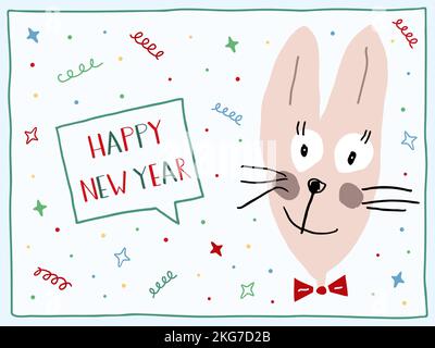 Divertente coniglietto dice Felice Anno Nuovo. Una lepre disegnata a mano e un testo scritto a mano. Il 2023 è l'anno del coniglio nel calendario cinese. Biglietto d'auguri. Illustrazione Vettoriale