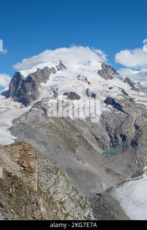 Dufourspitze (Monte Rosa) e il ghiacciaio Monte Rosa come si vede da Gornergrat, Wallis, Svizzera 09 / 08 / 2019 archivio ghiacciai foto Foto Stock