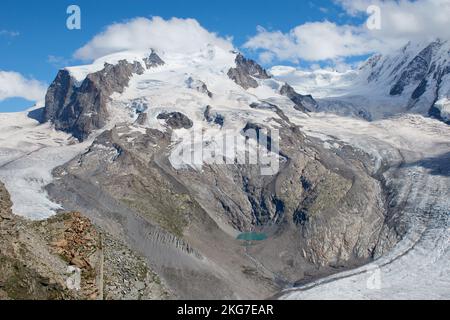 Dufourspitze (Monte Rosa) e il ghiacciaio Monte Rosa come si vede da Gornergrat, Wallis, Svizzera 09 / 08 / 2019 archivio ghiacciai foto Foto Stock