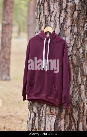 felpa con cappuccio di borgogna appesa a un appendiabiti su un albero nella foresta. Dimostrazione dei diversi colori dei vestiti Foto Stock