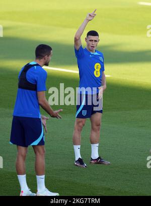 Phil Foden in Inghilterra durante una sessione di allenamento allo Stadio al Wakrah Sports Club di al Wakrah, Qatar. Data immagine: Martedì 22 novembre 2022. Foto Stock