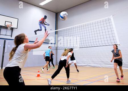 studenti di istruzione secondaria nella sala ginnastica giocando a pallavolo. olanda. vvvbvanbree fotografie Foto Stock
