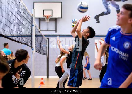 studenti di istruzione secondaria nella sala ginnastica giocando a pallavolo. olanda. vvvbvanbree fotografie Foto Stock