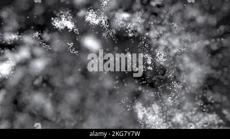 3D rendering di grappolo di particelle bianche che si flettono su sfondo nero con bokeh Foto Stock
