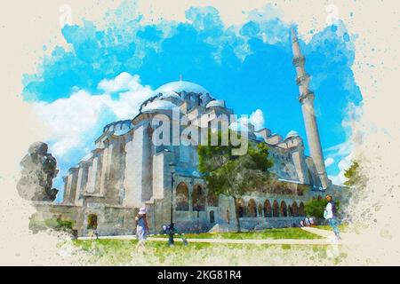 Suleymaniye Moschea acquerello pittura schizzo effetto foto. Pittura digitale di acquerello del cortile di Suleymaniye Camii, Istanbul, Turchia. Foto Stock