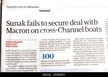 Rishi 'Sunak non riesce a garantire un accordo con Macron sulle barche cross-channel' Guardian giornale emigranti clipping 8th novembre 2022 Londra UK Foto Stock