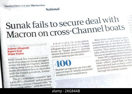 Rishi 'Sunak non riesce a garantire un accordo con Macron sulle barche cross-channel' Guardian giornale emigranti clipping 8th novembre 2022 Londra UK Foto Stock