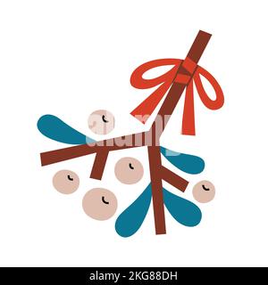 Vischio natalizio con bacche e nastro rosso, semplice clipart astratta, illustrazioni vettoriali isolate Illustrazione Vettoriale