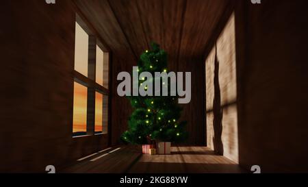 3D rendering, albero di Natale e confezione regalo in casa. Foto Stock