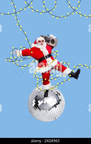 Foto creativa 3D collage artwork poster cartolina del vecchio babbo natale fave divertimento chill festive carnevale isolato su sfondo pittura Foto Stock