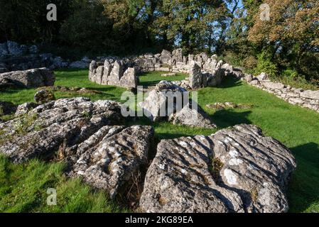 Insediamento in pietra di DIN Lligwy vicino a Moelfre, Anglesey, Galles del Nord. Foto Stock