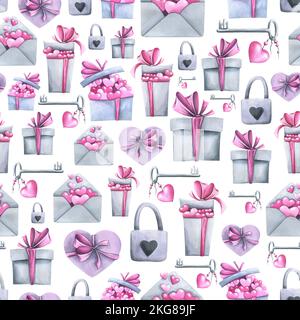 Scatole regalo di forme diverse e una busta con cuori rosa, una serratura con una chiave. Illustrazione acquerello. Motivo senza cuciture su sfondo bianco Foto Stock