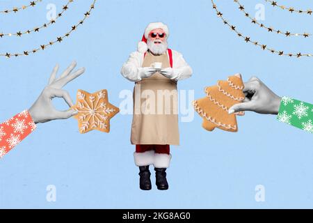 Immagine collage di due grandi braccia nero bianco gamma hold festival biscotti mini santa caffè tazza isolato su sfondo di nuovo anno Foto Stock