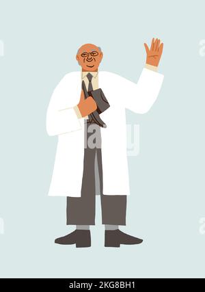 Felice medico sorridente in corda bianca e un costume saluto e togliendo il cappello dalla testa. Personaggio medico di vecchia scuola su sfondo chiaro. Illustrazione vettoriale Illustrazione Vettoriale