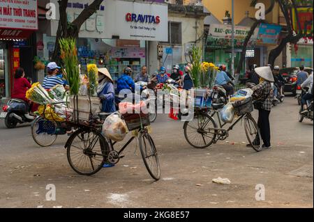 Vendita di frutta, verdura e fiori per le strade di Hanoi, Vietnam Foto Stock