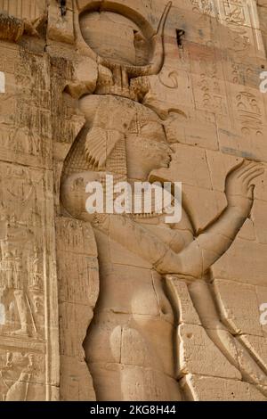 Egitto, Isola di Filea, primo piano di bassorilievo nel Tempio di Iside Foto Stock