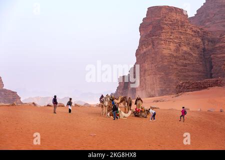 Giordania, Wadi Rum - 2 novembre 2022: I cammelli riposano sulla sabbia nel deserto, la gente intorno. Arenaria rocce paesaggio Foto Stock
